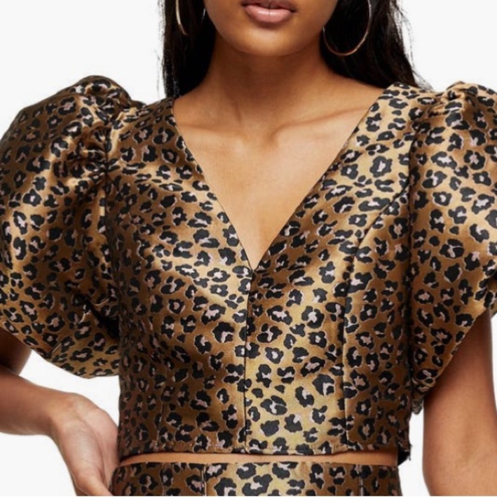 NWT Top Shop Animal Print Puff Sleeve Crop Top Size 10 Size Zip V Neck Jacquard